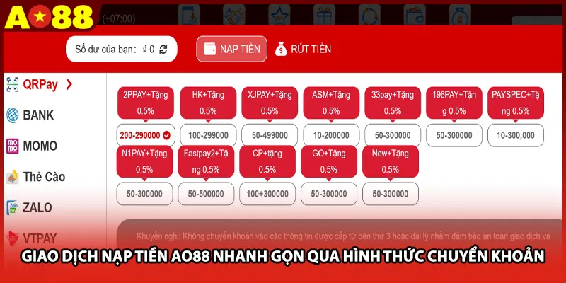 Giao dịch nạp tiền AO88 nhanh gọn qua hình thức chuyển khoản